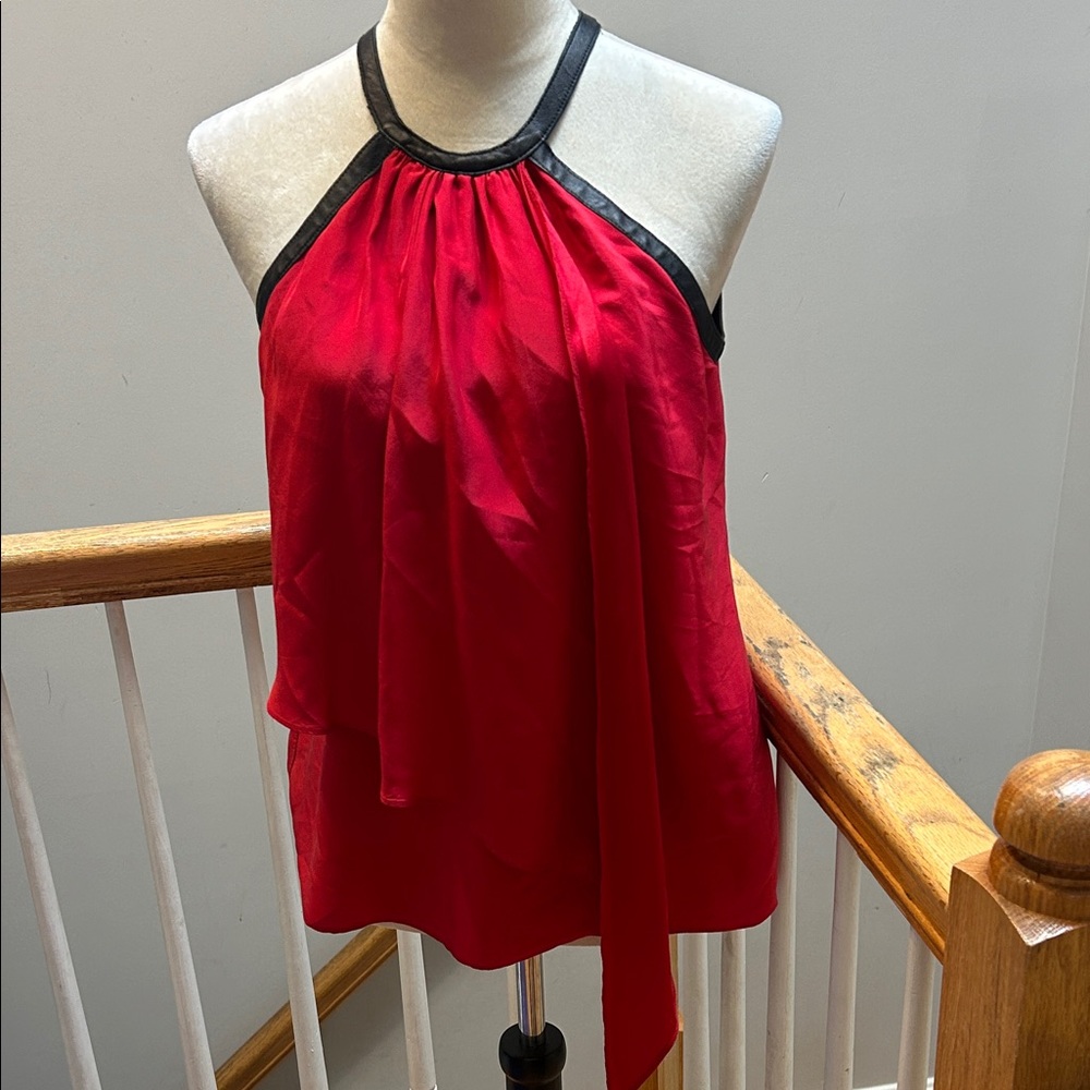 Alice & Trixie Red Halter Neck Satin Top with Black Trim